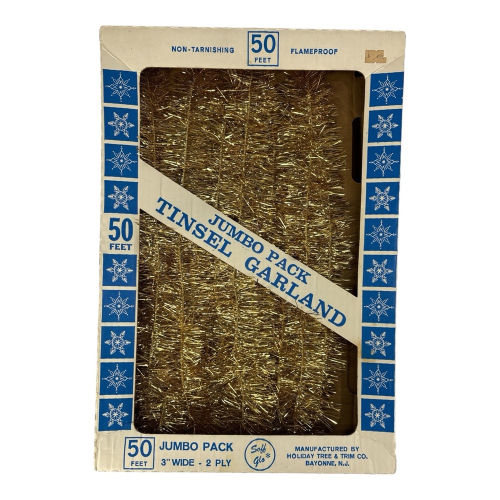 New Vintage Gold Tinsel Garland 50 Ft x 3" Wide MCM Original Box Christmas Tree